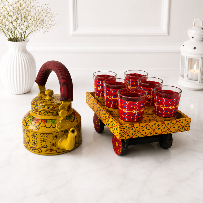 Handcrafted Metal Traditional Tea Set with Tray, 6 Glasses & Chai Kettle