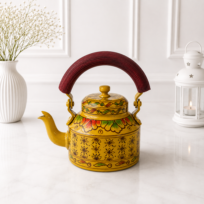 Handcrafted Metal Traditional Tea Set with Tray, 6 Glasses & Chai Kettle