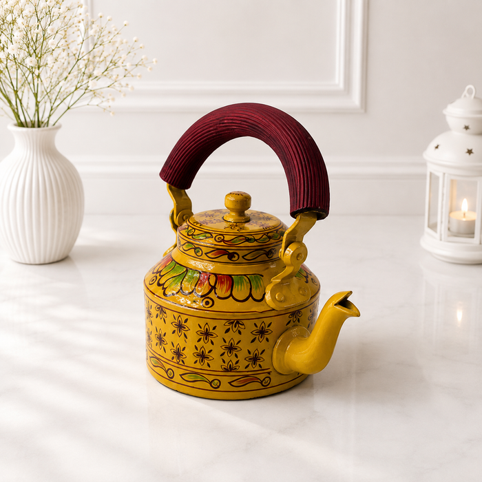 Handcrafted Metal Traditional Tea Set with Tray, 6 Glasses & Chai Kettle