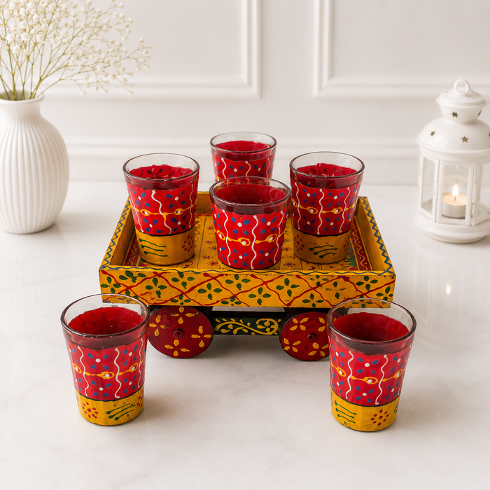 Handcrafted Metal Traditional Tea Set with Tray, 6 Glasses & Chai Kettle