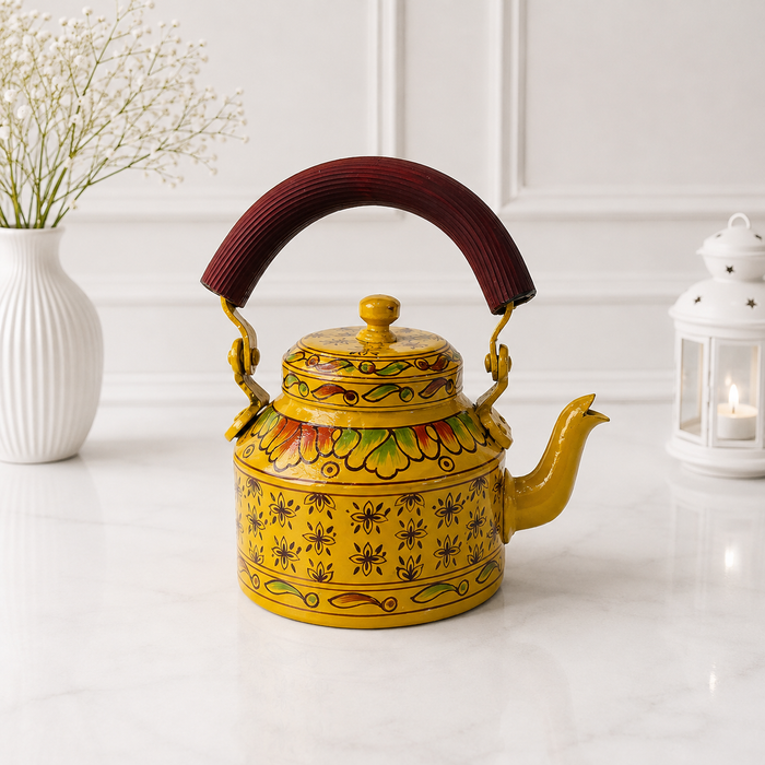 Handcrafted Metal Traditional Tea Set with Tray, 6 Glasses & Chai Kettle