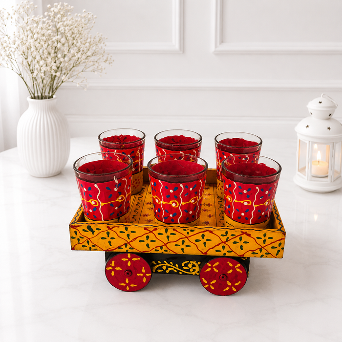 Handcrafted Metal Traditional Tea Set with Tray, 6 Glasses & Chai Kettle