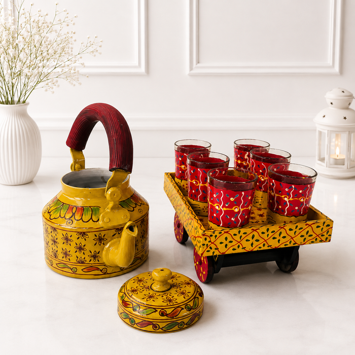 Handcrafted Metal Traditional Tea Set with Tray, 6 Glasses & Chai Kettle