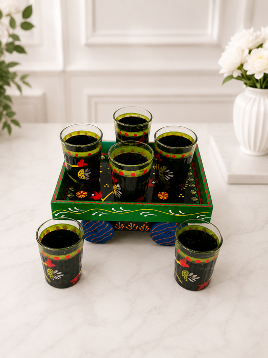 Handcrafted Metal Traditional Tea Set with Tray, 6 Glasses & Chai Kettle