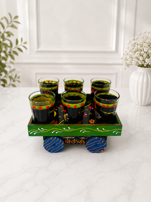 Handcrafted Metal Traditional Tea Set with Tray, 6 Glasses & Chai Kettle