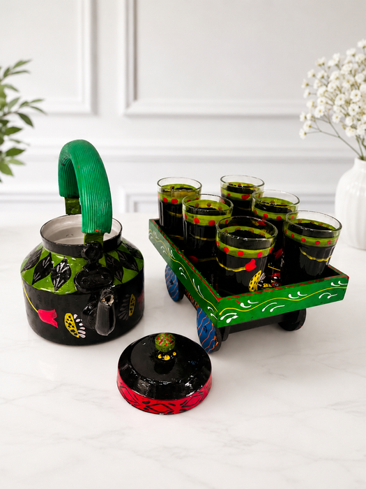 Handcrafted Metal Traditional Tea Set with Tray, 6 Glasses & Chai Kettle