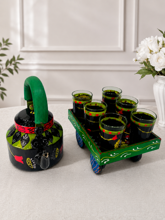 Handcrafted Metal Traditional Tea Set with Tray, 6 Glasses & Chai Kettle