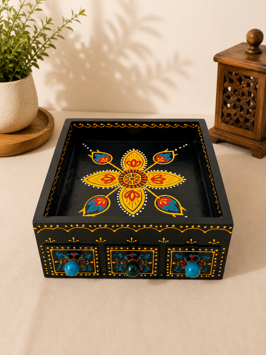 Handcrafted Wooden Painted 3 Drawer Storage Tray | Indian Traditional Home Decor