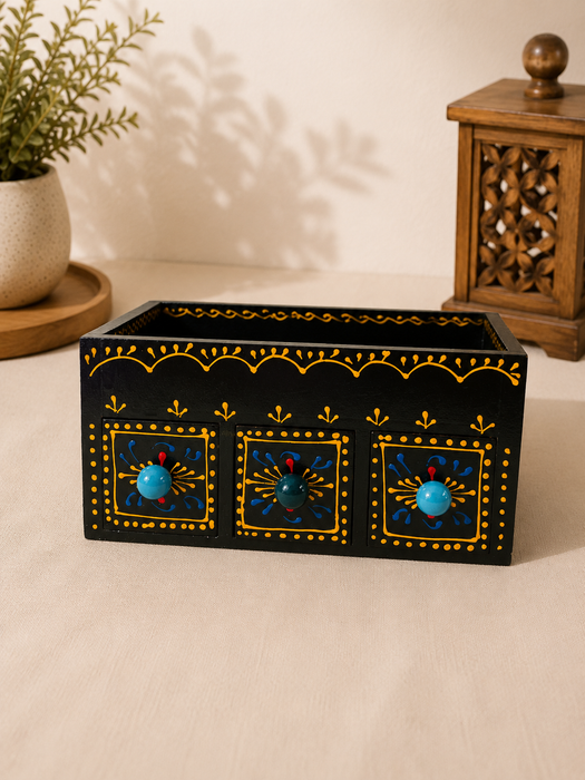 Handcrafted Wooden Painted 3 Drawer Storage Tray | Indian Traditional Home Decor