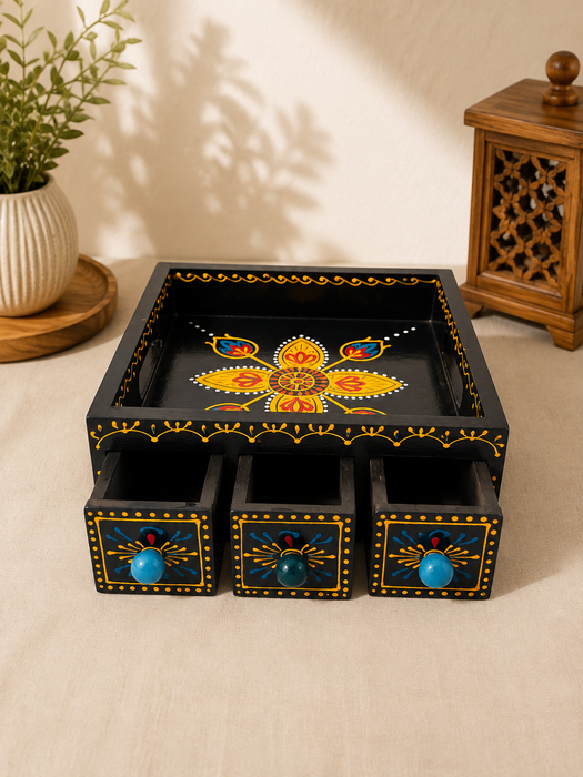 Handcrafted Wooden Painted 3 Drawer Storage Tray | Indian Traditional Home Decor