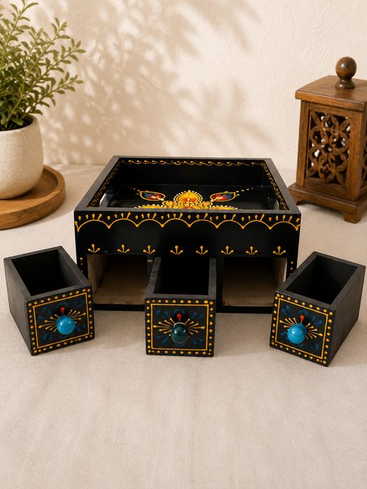 Handcrafted Wooden Painted 3 Drawer Storage Tray | Indian Traditional Home Decor
