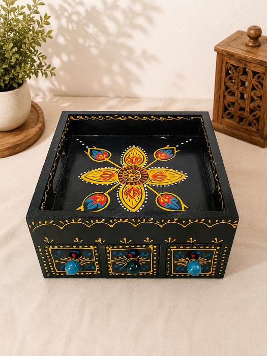 Handcrafted Wooden Painted 3 Drawer Storage Tray | Indian Traditional Home Decor