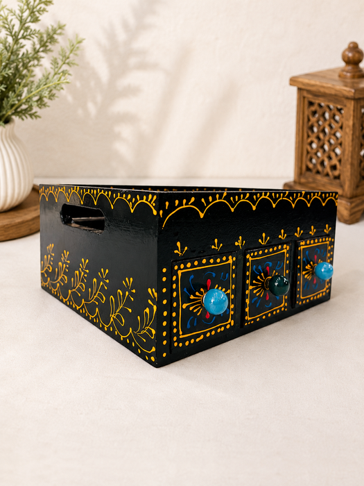 Handcrafted Wooden Painted 3 Drawer Storage Tray | Indian Traditional Home Decor