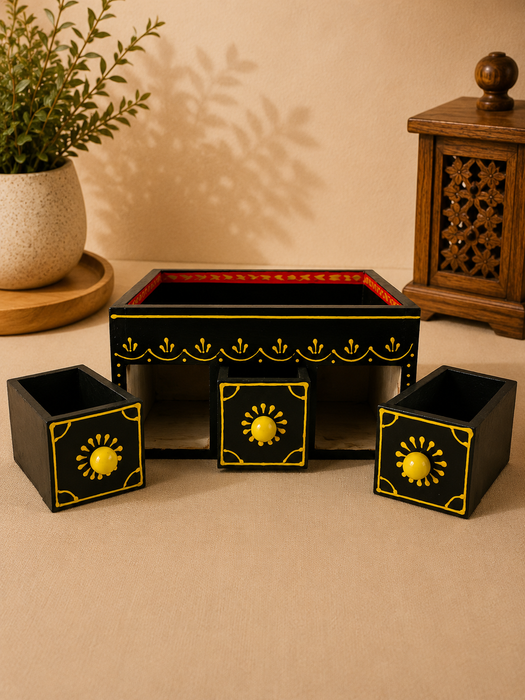 Handcrafted Wooden 3 Drawer Storage Tray | Hand-Painted Indian Home Decor