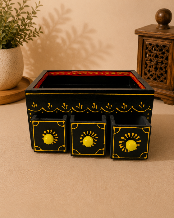 Handcrafted Wooden 3 Drawer Storage Tray | Hand-Painted Indian Home Decor