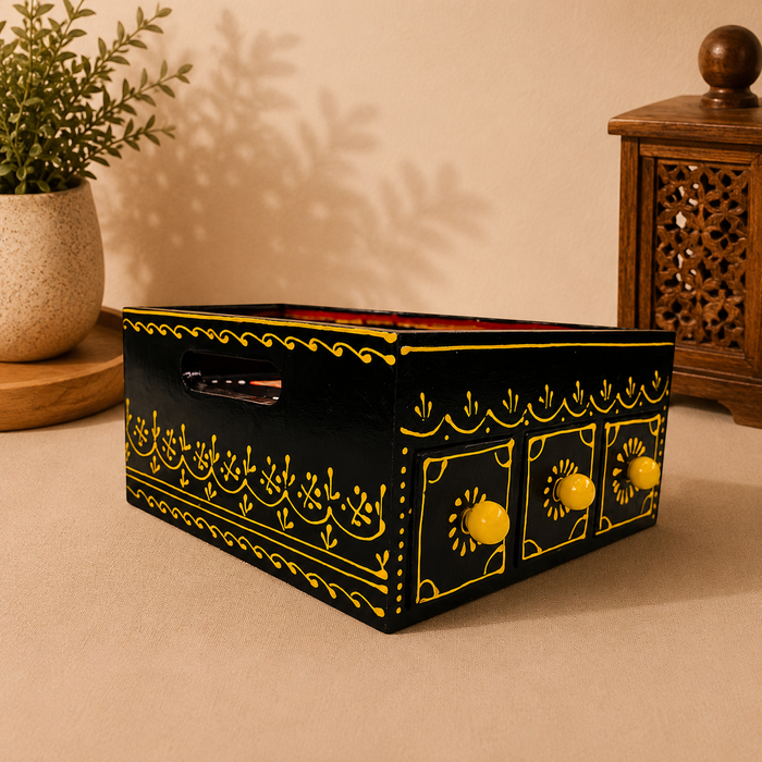 Handcrafted Wooden 3 Drawer Storage Tray | Hand-Painted Indian Home Decor