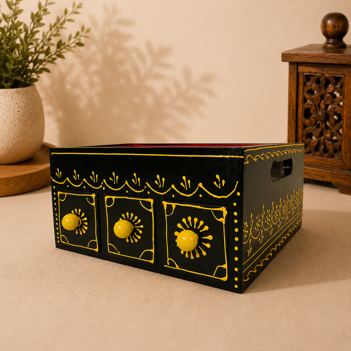 Handcrafted Wooden 3 Drawer Storage Tray | Hand-Painted Indian Home Decor