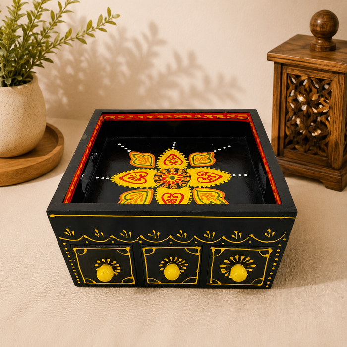 Handcrafted Wooden 3 Drawer Storage Tray | Hand-Painted Indian Home Decor