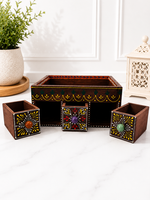 Handcrafted Wooden 3 Drawer Storage Tray | Traditional Indian Home Decor