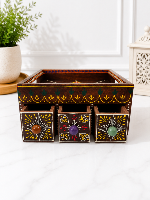 Handcrafted Wooden 3 Drawer Storage Tray | Traditional Indian Home Decor