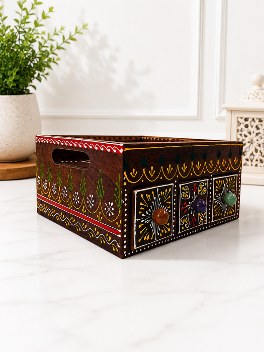 Handcrafted Wooden 3 Drawer Storage Tray | Traditional Indian Home Decor