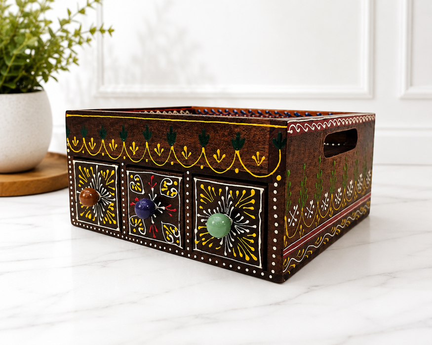 Handcrafted Wooden 3 Drawer Storage Tray | Traditional Indian Home Decor