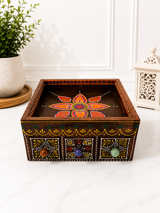 Handcrafted Wooden 3 Drawer Storage Tray | Traditional Indian Home Decor