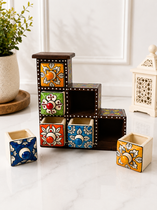 Handcrafted Wooden Step Shape 6  Drawer Storage Organizer | Indian Home Decor