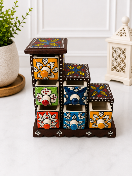 Handcrafted Wooden Step Shape 6  Drawer Storage Organizer | Indian Home Decor