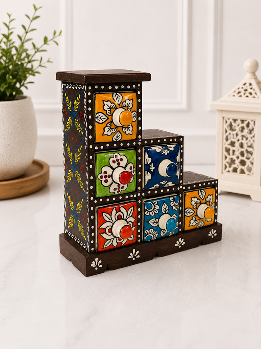 Handcrafted Wooden Step Shape 6  Drawer Storage Organizer | Indian Home Decor