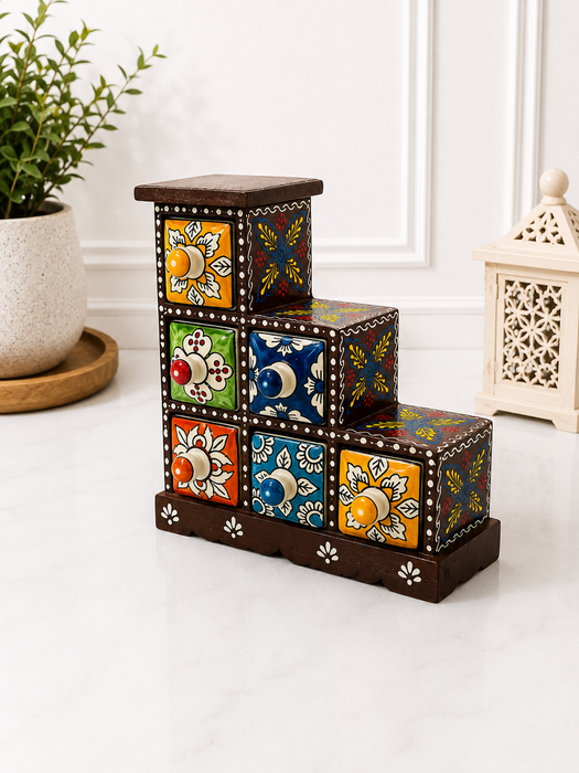 Handcrafted Wooden Step Shape 6  Drawer Storage Organizer | Indian Home Decor