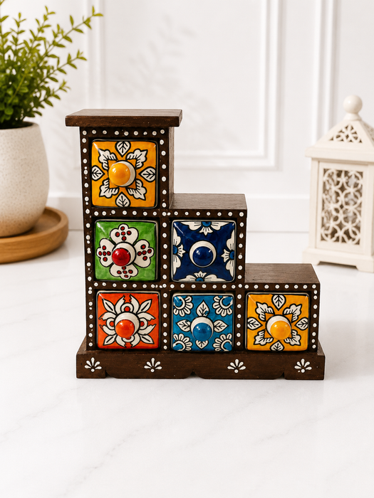 Handcrafted Wooden Step Shape 6  Drawer Storage Organizer | Indian Home Decor