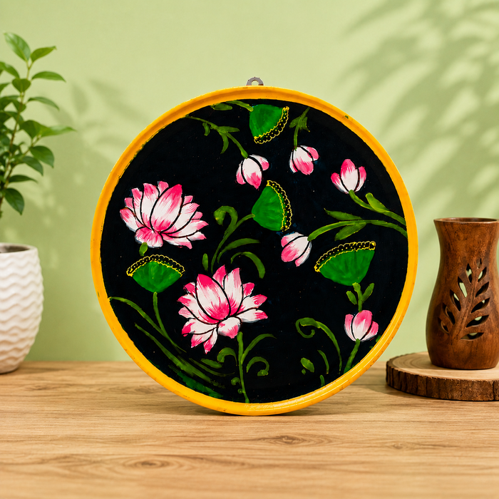 Hand Painted Lotus Wall Plate, Round Wooden Wall Decor, Traditional Indian Home Decor