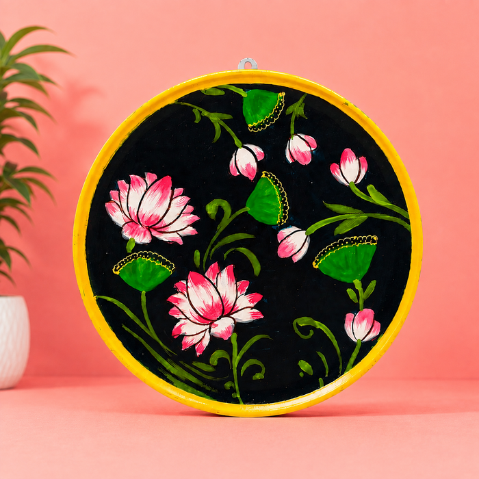 Hand Painted Lotus Wall Plate, Round Wooden Wall Decor, Traditional Indian Home Decor