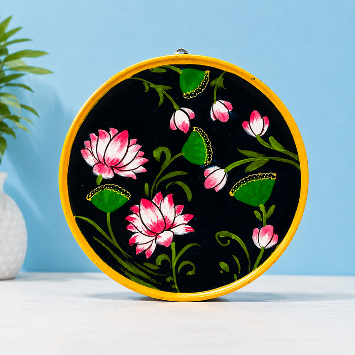 Hand Painted Lotus Wall Plate, Round Wooden Wall Decor, Traditional Indian Home Decor