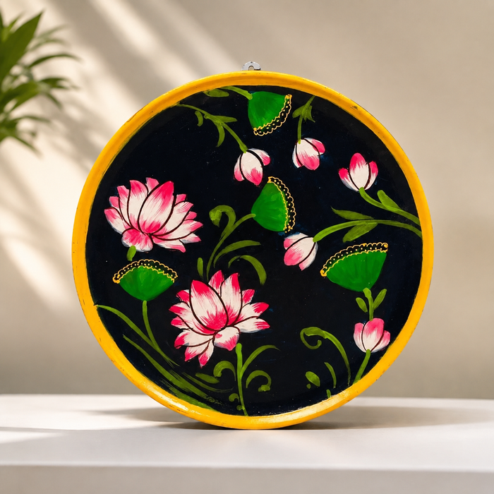 Hand Painted Lotus Wall Plate, Round Wooden Wall Decor, Traditional Indian Home Decor