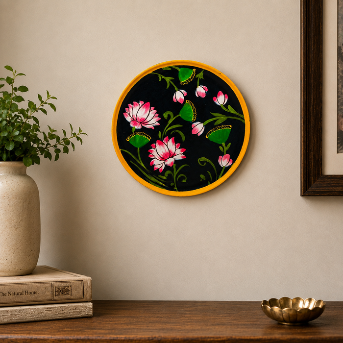 Hand Painted Lotus Wall Plate, Round Wooden Wall Decor, Traditional Indian Home Decor
