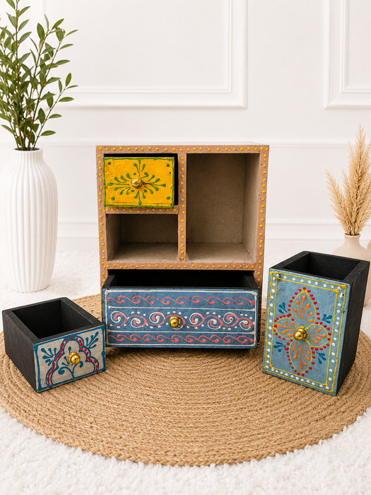 Hand Painted Wooden 4 Drawer Cabinet | Traditional Indian Handmade Decor