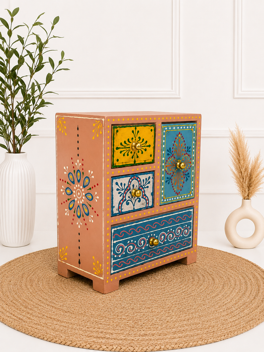 Hand Painted Wooden 4 Drawer Cabinet | Traditional Indian Handmade Decor