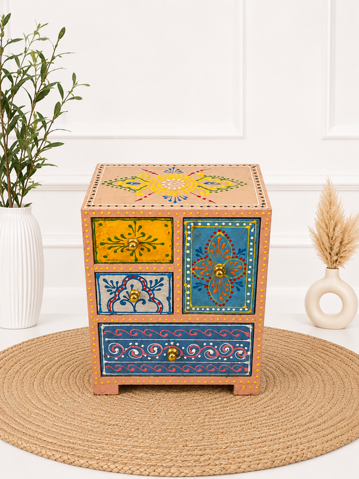 Hand Painted Wooden 4 Drawer Cabinet | Traditional Indian Handmade Decor