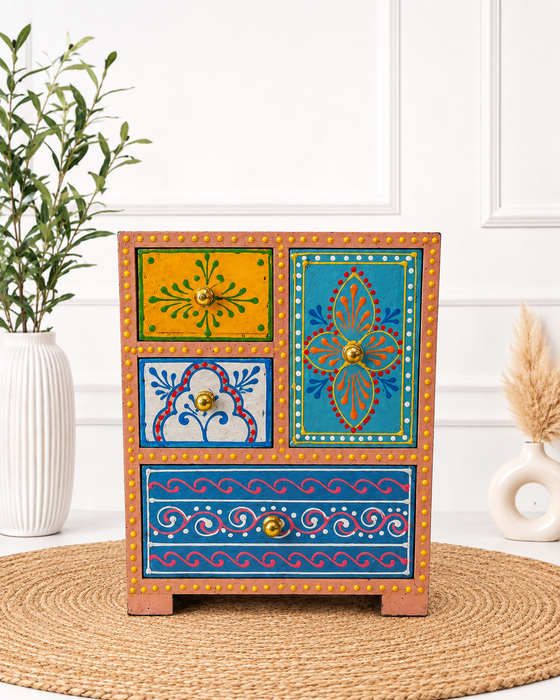 Hand Painted Wooden 4 Drawer Cabinet | Traditional Indian Handmade Decor