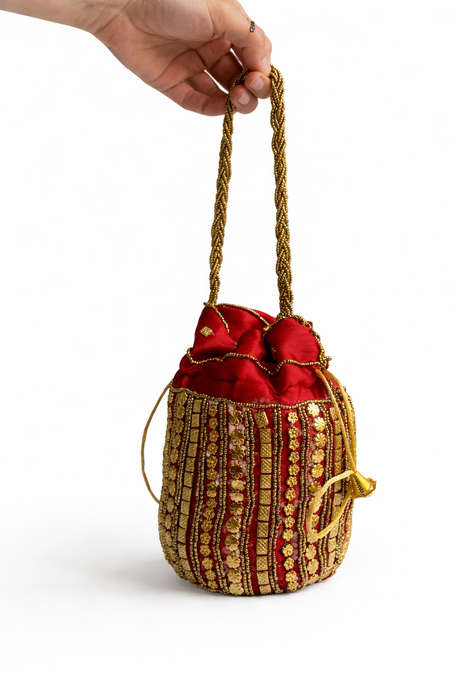 Handcrafted Embroidered Potli Bag with Golden Bead Handle | Bridal & Wedding Ethnic Purse for Women