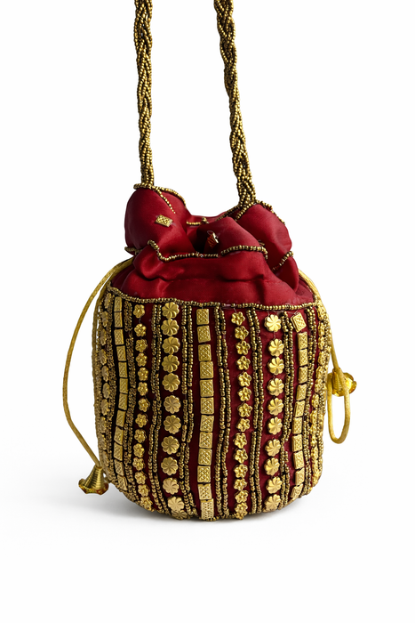 Handcrafted Embroidered Potli Bag with Golden Bead Handle | Bridal & Wedding Ethnic Purse for Women