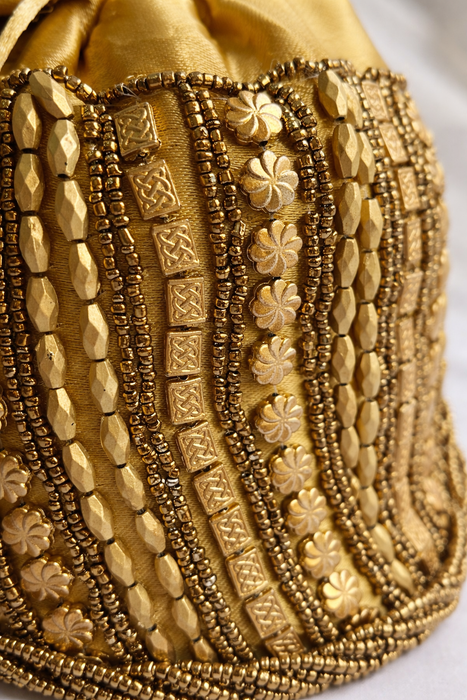 Handcrafted Embroidered Potli Bag with Golden Bead Handle | Bridal & Wedding Ethnic Purse for Women
