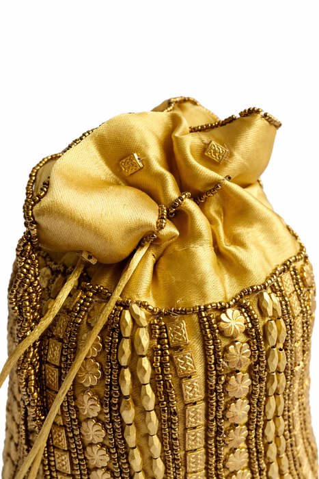 Handcrafted Embroidered Potli Bag with Golden Bead Handle | Bridal & Wedding Ethnic Purse for Women