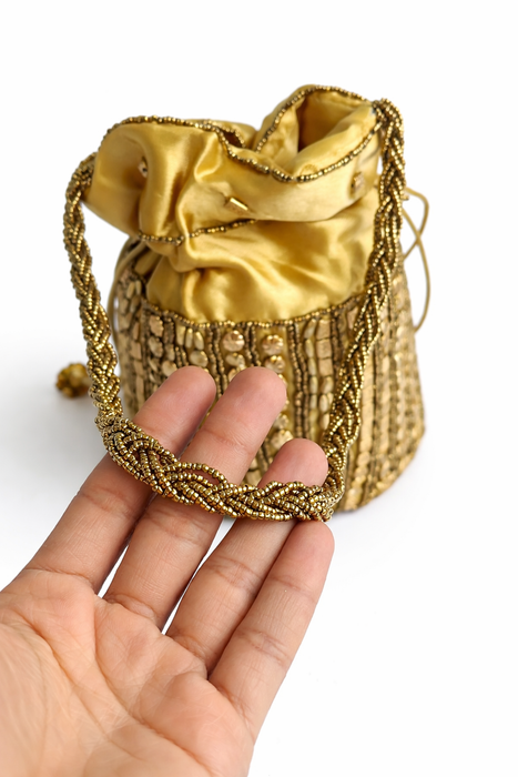 Handcrafted Embroidered Potli Bag with Golden Bead Handle | Bridal & Wedding Ethnic Purse for Women