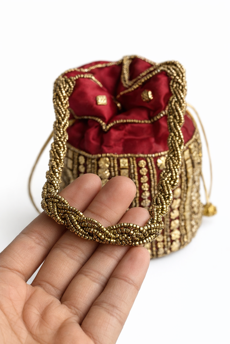 Handcrafted Embroidered Potli Bag with Golden Bead Handle | Bridal & Wedding Ethnic Purse for Women
