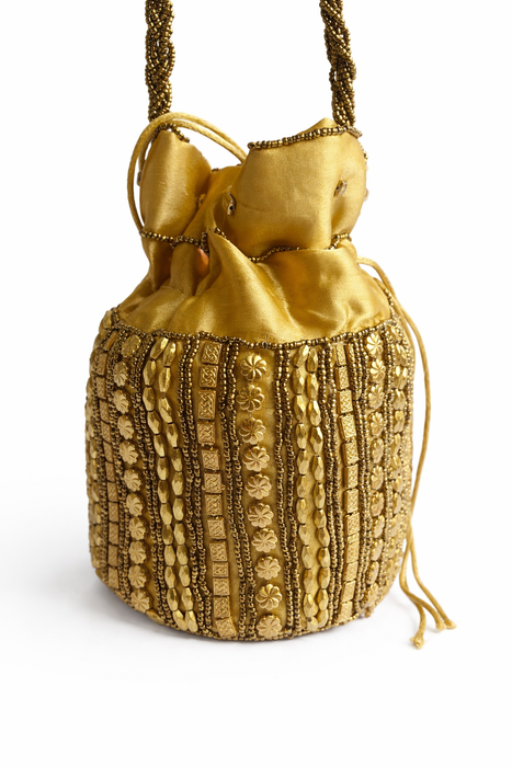 Handcrafted Embroidered Potli Bag with Golden Bead Handle | Bridal & Wedding Ethnic Purse for Women