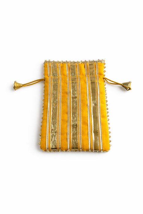 Satin Potli Bag with Golden Gota Patti Work | Handcrafted Ethnic Drawstring Pouch for Women