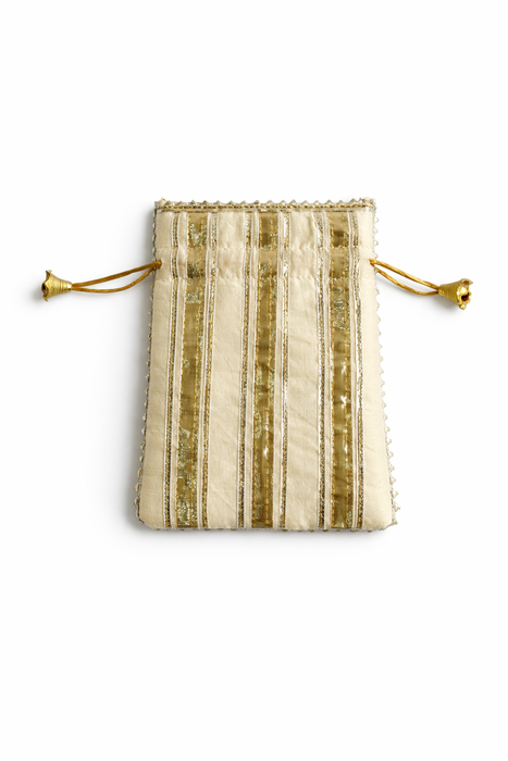 Satin Potli Bag with Golden Gota Patti Work | Handcrafted Ethnic Drawstring Pouch for Women
